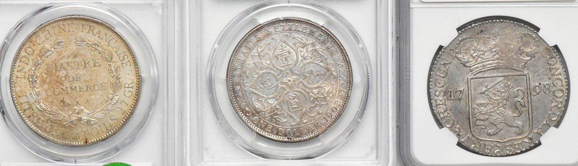 Multiple - Six French Indo China Piastres, plus a Straits Settlements dollar and a Netherland ducat, all certified