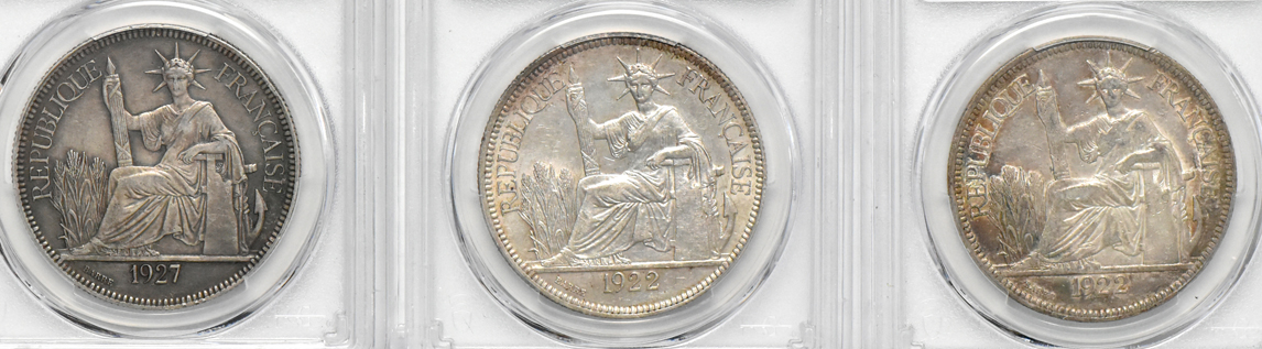 Multiple - Six French Indo China Piastres, plus a Straits Settlements dollar and a Netherland ducat, all certified