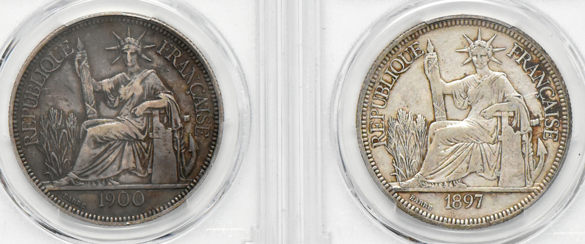 Multiple - Six French Indo China Piastres, plus a Straits Settlements dollar and a Netherland ducat, all certified