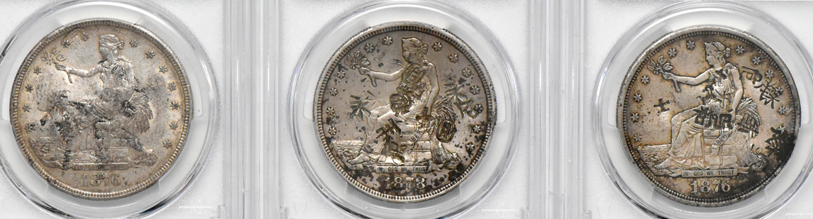 Six chopmarked Trade dollars, plus an 1884-CC Morgan dollar MS-65 (green label), all PCGS