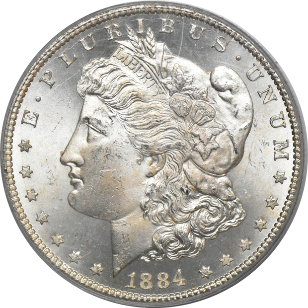 Six chopmarked Trade dollars, plus an 1884-CC Morgan dollar MS-65 (green label), all PCGS
