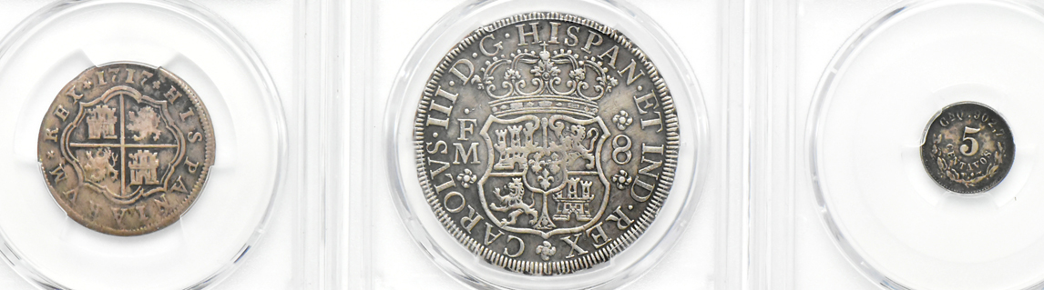 Multiple - Three Mexico 8 reales, a Spain 1717-J 2 reales, and a Mexico 1771-Mo FM 5 centavos