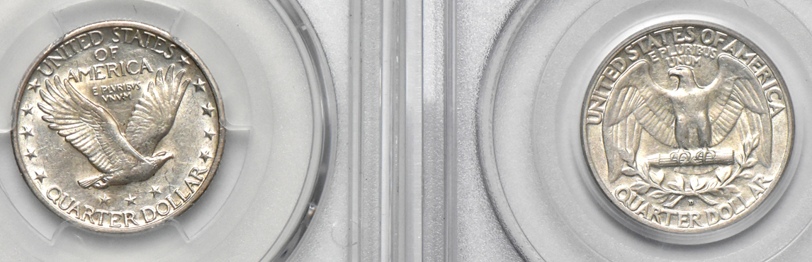 Two Standing Liberty quarters and two Washington quarters, all certified