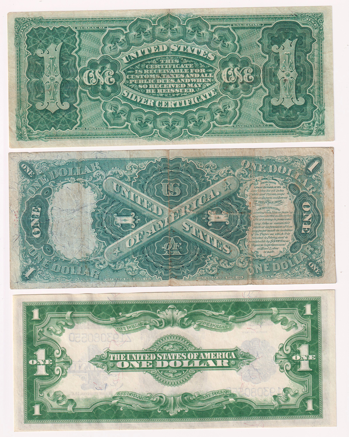 1886 $1 Martha Washington Silver Certificate VF, 1875 $1 Columbus Discovers Land U.S. Note Legal Tender F/pinhole/stains, and a 1923 $1 Silver Certificate CU