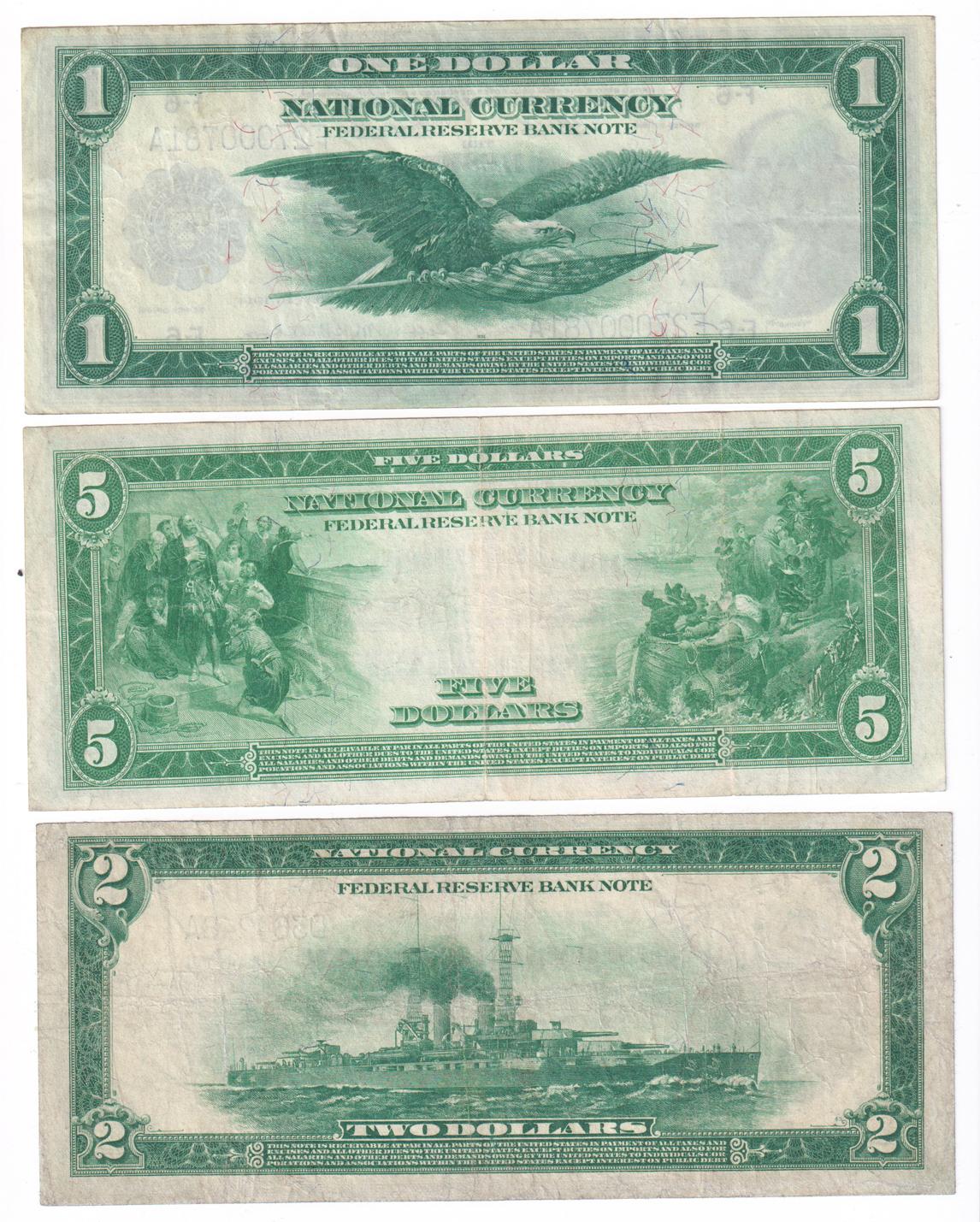1918 $1 Atlanta VF, $2 Cleveland Battleship VF, and $5 Atlanta VF