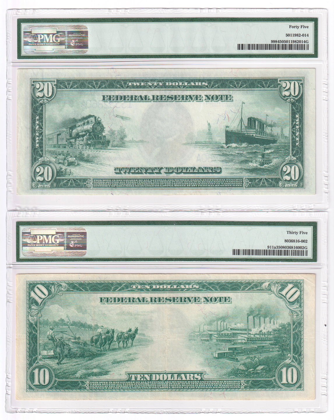 1914 $5 Philadelphia Fr# 855a PCGS XF-45 PPQ, 1914 $10 New York Fr# 911a PMG VF-35, and a 1914 $20 Minneapolis Fr# 998 PMG XF-45 