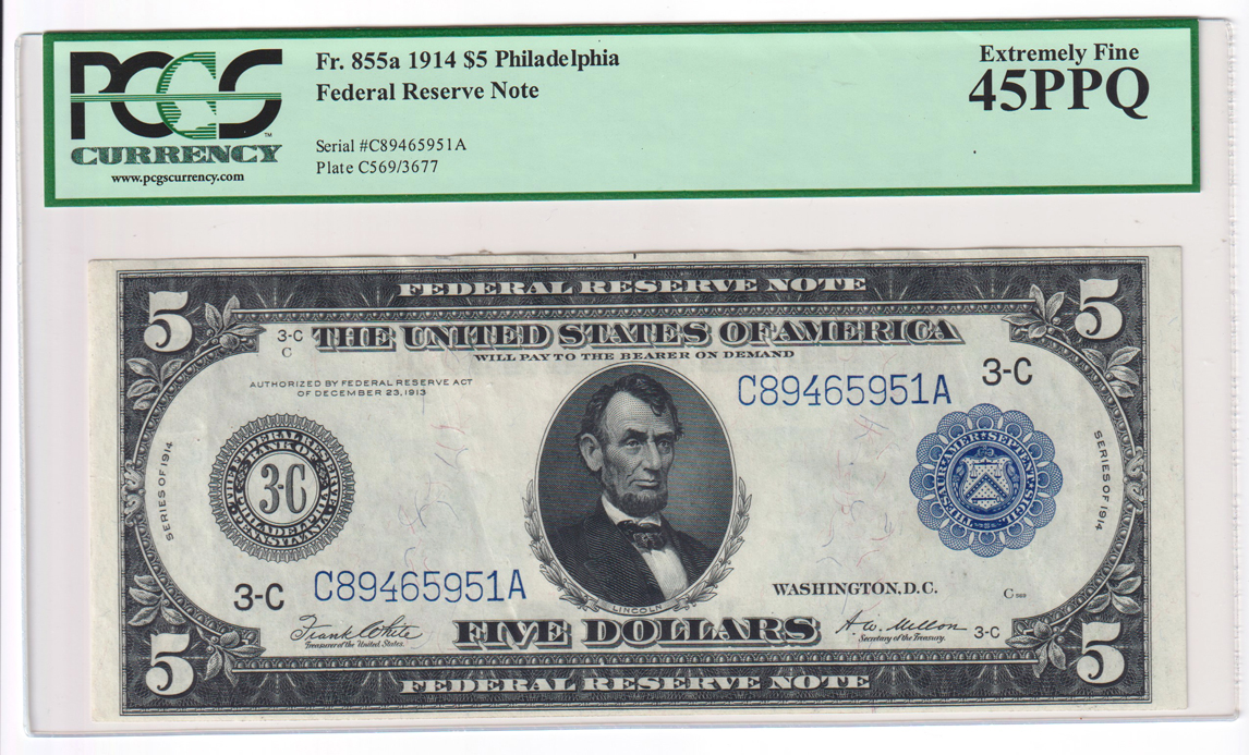1914 $5 Philadelphia Fr# 855a PCGS XF-45 PPQ, 1914 $10 New York Fr# 911a PMG VF-35, and a 1914 $20 Minneapolis Fr# 998 PMG XF-45 