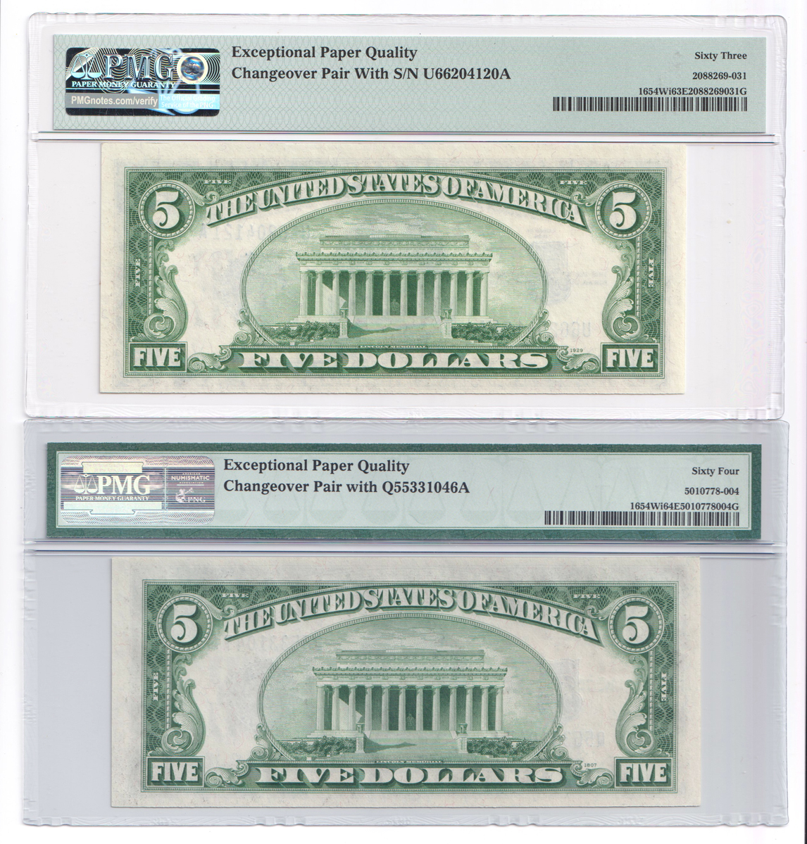 Three 1934-D and a 1934-C $5 Changeover Notes, all PMG ChCU