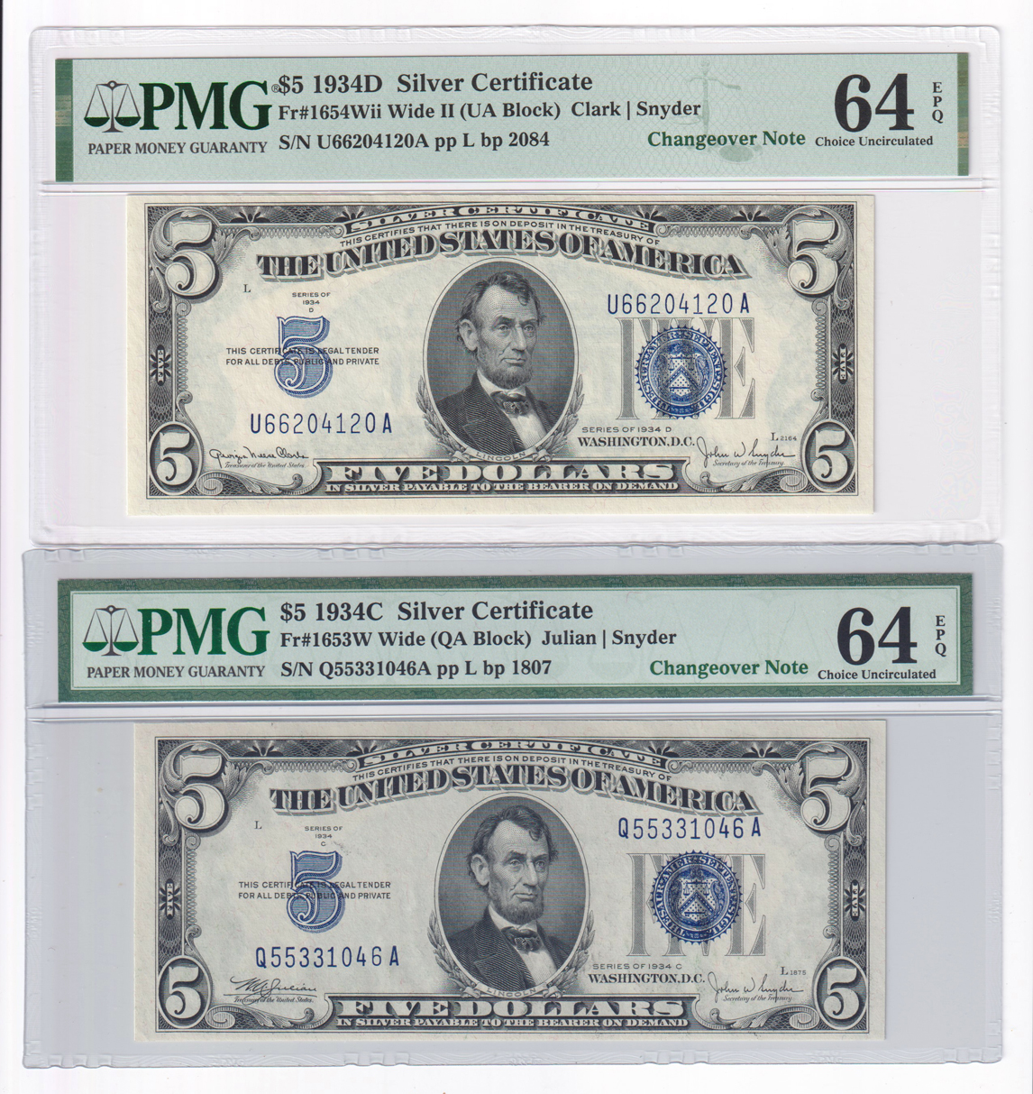 Three 1934-D and a 1934-C $5 Changeover Notes, all PMG ChCU