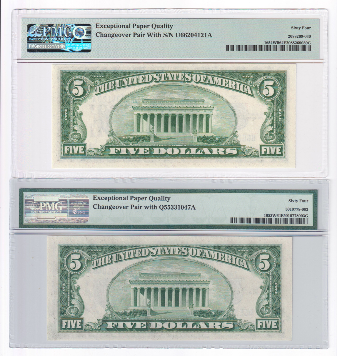 Three 1934-D and a 1934-C $5 Changeover Notes, all PMG ChCU