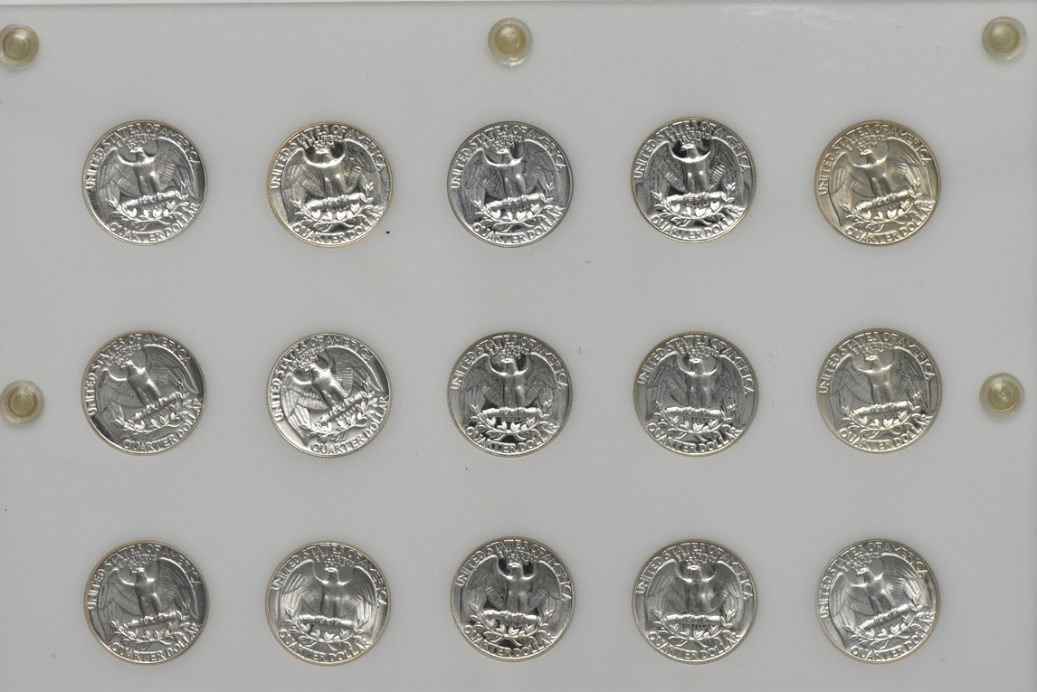 Group of Proof silver Washington quarters and Franklin half dollars in two Capital Plastics holders