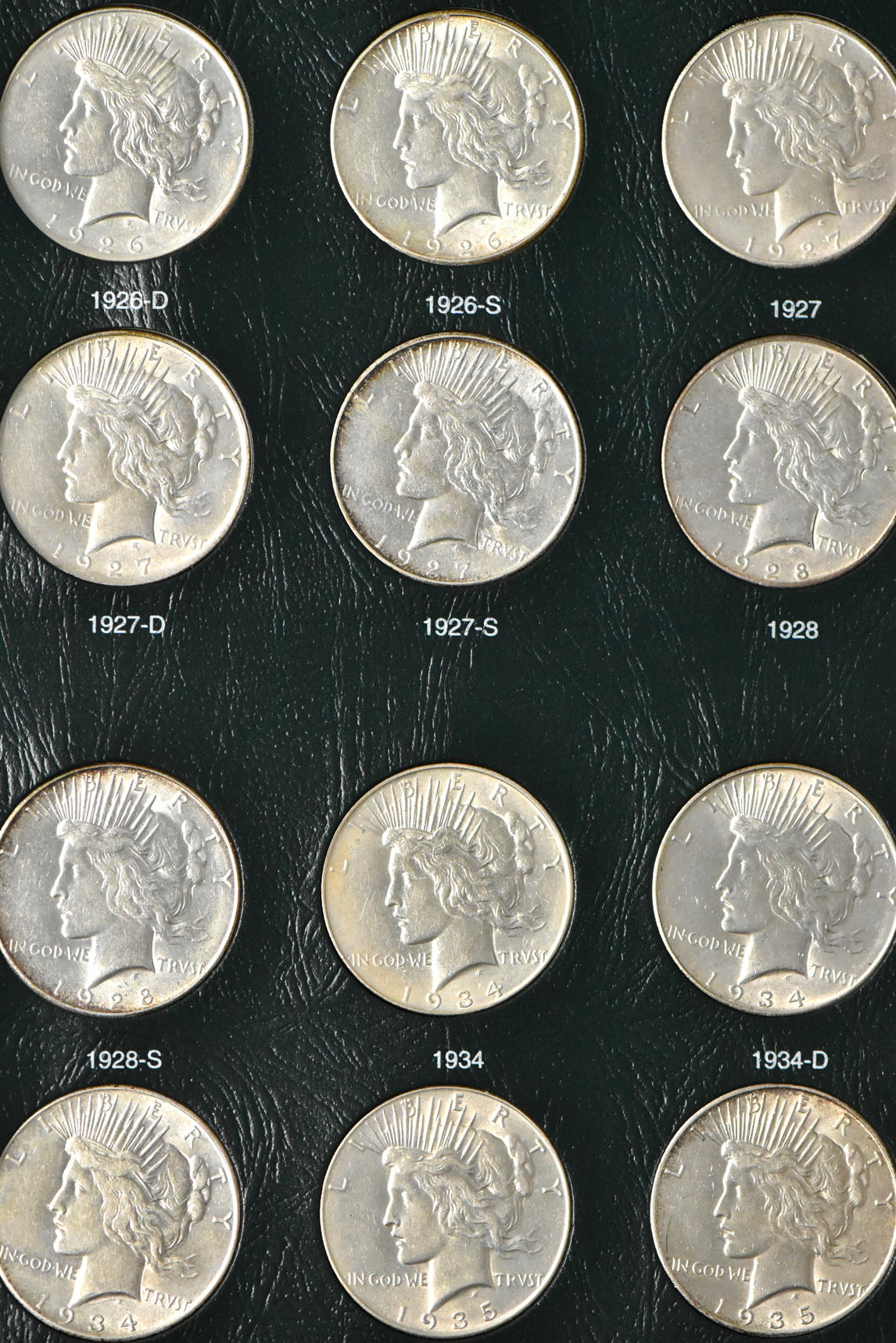 Collection of 24 different Peace dollars in an Intercept Shield album