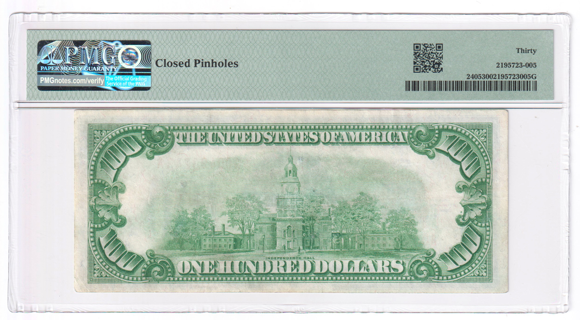 1928 $100 Fr# 2405 - PMG VF-30/closed pinholes