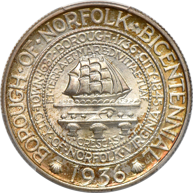 1925 Norse-American Silver Thick MS-63, and a 1936 Norfolk MS-67, both PCGS