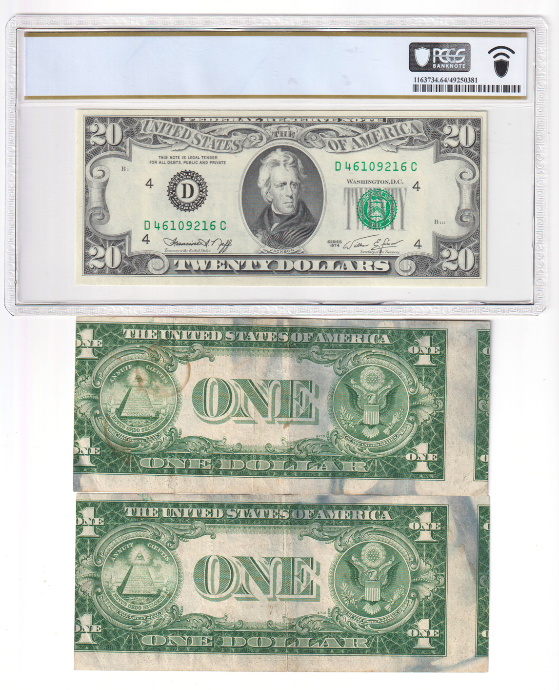 Error Currency - Two sequential 1935-C $1 silver certificates with misaligned reverse, plus a 1974 $20 Cleveland Federal Reserve Note Offset Printing Error PCGS ChCU-64 PPQ