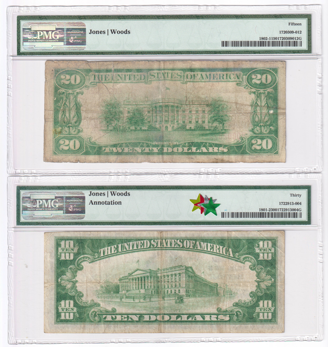 1929 $10 Type 2 - Bemidji, MN Charter #8241 VF-30, and a $20 Type 1 Salem, Virginia Charter# 1824 F-15, both PMG.