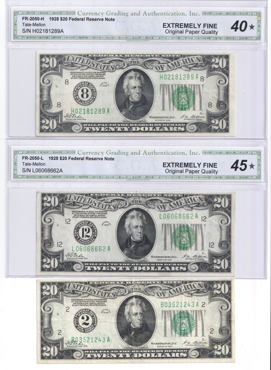 Group of twelve 1928 $20 Federal Reserve Notes, Fr# 2150 and Fr# 2151, representing each of the districts
