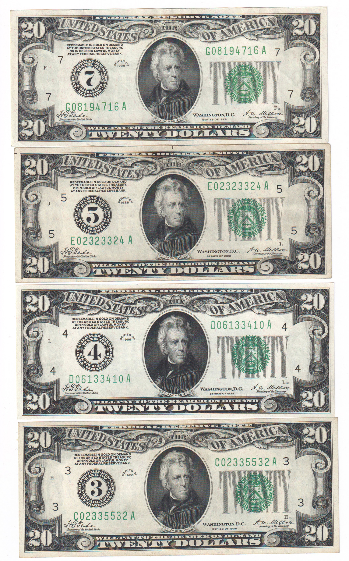 Group of twelve 1928 $20 Federal Reserve Notes, Fr# 2150 and Fr# 2151, representing each of the districts