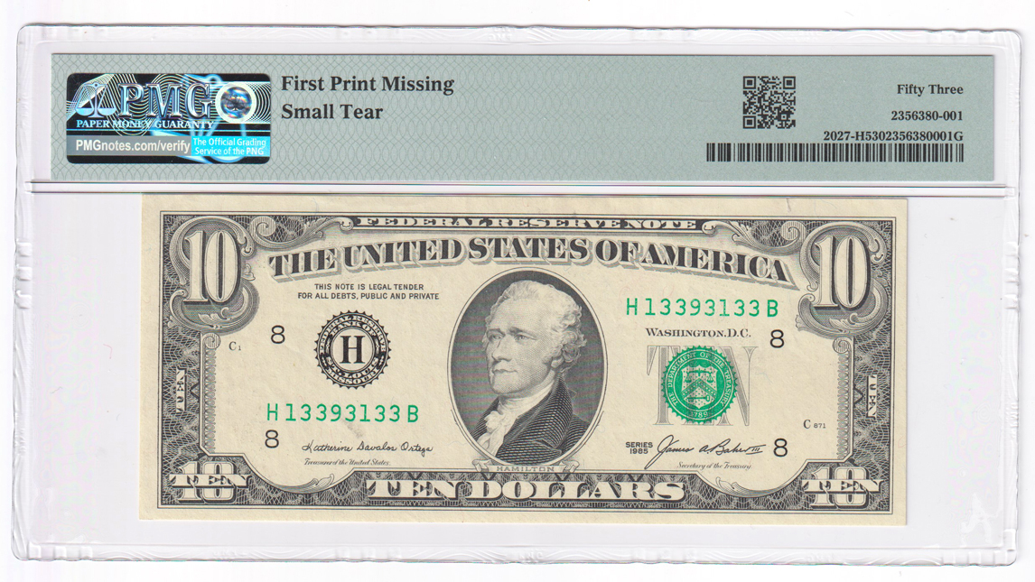 Error Currency - 1985 $10 St. Louis Fr# 2027-H First Print Missing - PMG AU-53/small tear