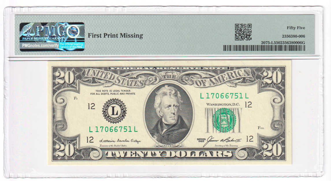 Error Currency - 1985 $20 San Francisco Fr# 2075-L First Print Missing - PMG AU-55