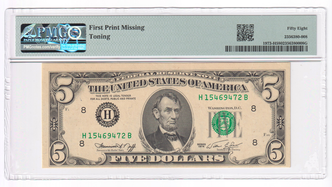 Error Currency - 1974 $5 St. Louis Fr# 1973-H First Print Missing - PMG AU-58/toning