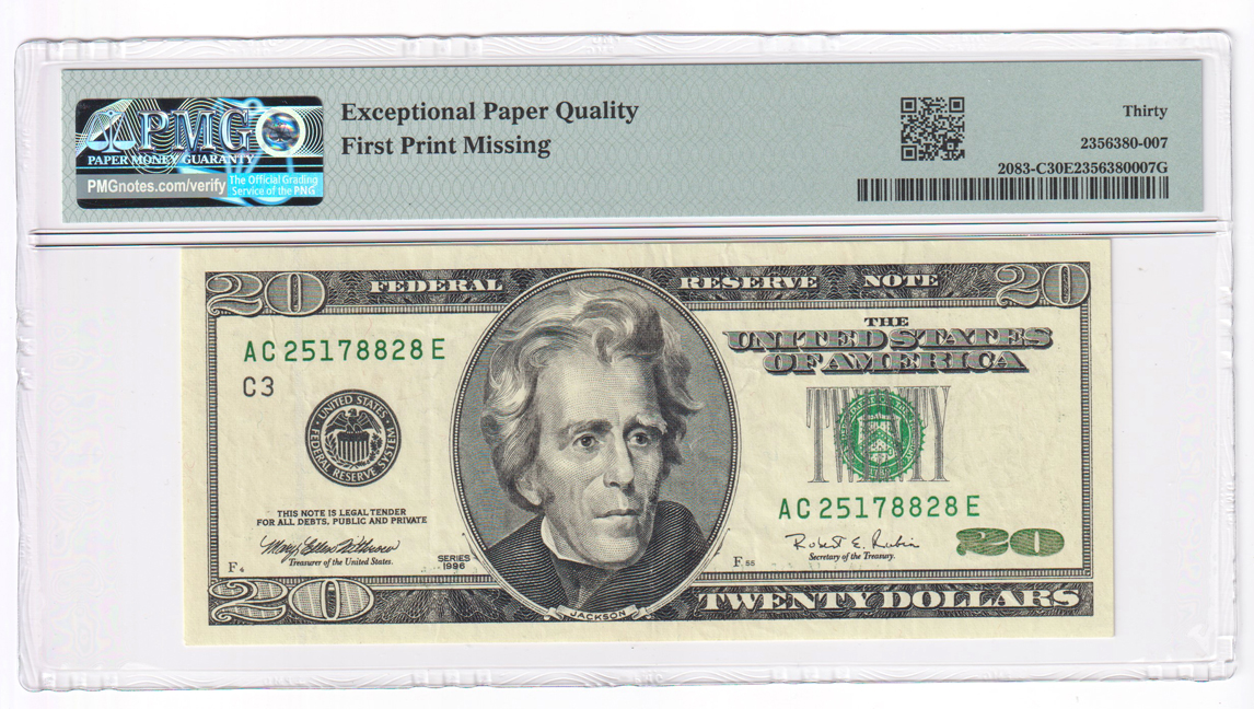 Error Currency - 1996 $20 Philadelphia Fr# 2083-C First Print Missing - PMG VF-30 EPQ
