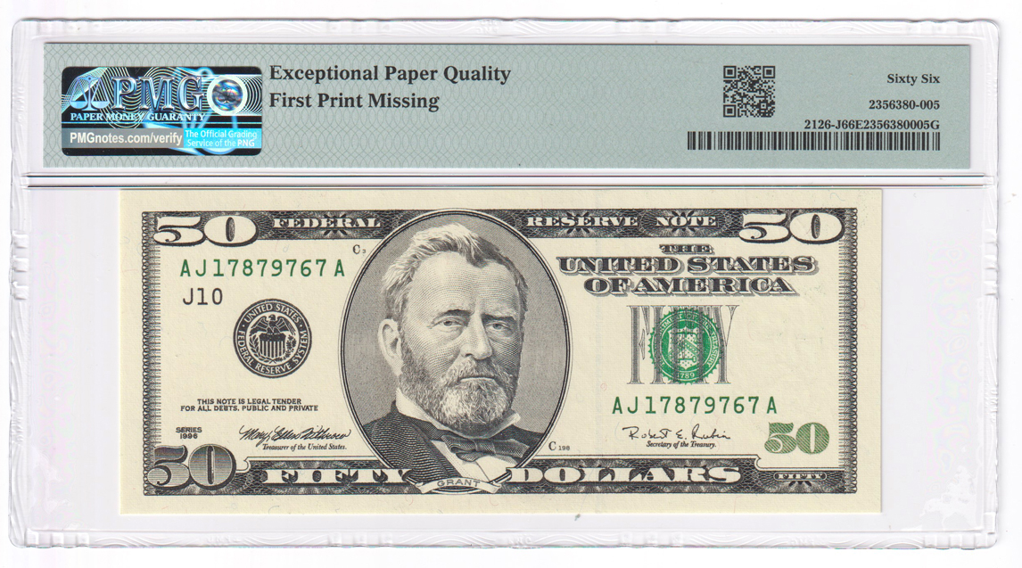 Error Currency - 1996 $50 Philadelphia Fr# 2126-J First Print Missing - PMG GemCU-66 EPQ