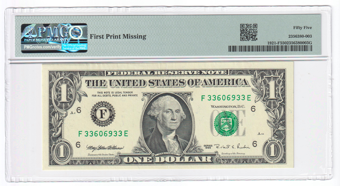 Error Currency - 1995 $1 Atlanta Fr# 1921-F First Print Missing - PMG AU-55