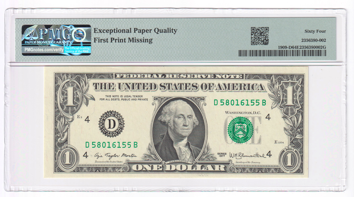 Error Currency - 1977 $1 Cleveland Fr# 1909-D First Print Missing - PMG ChCU-64 EPQ