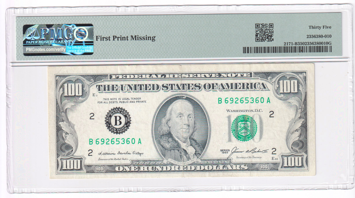 Error Currency - 1985 $100 New York Fr# 2171-B First Print Missing - PMG VF-35
