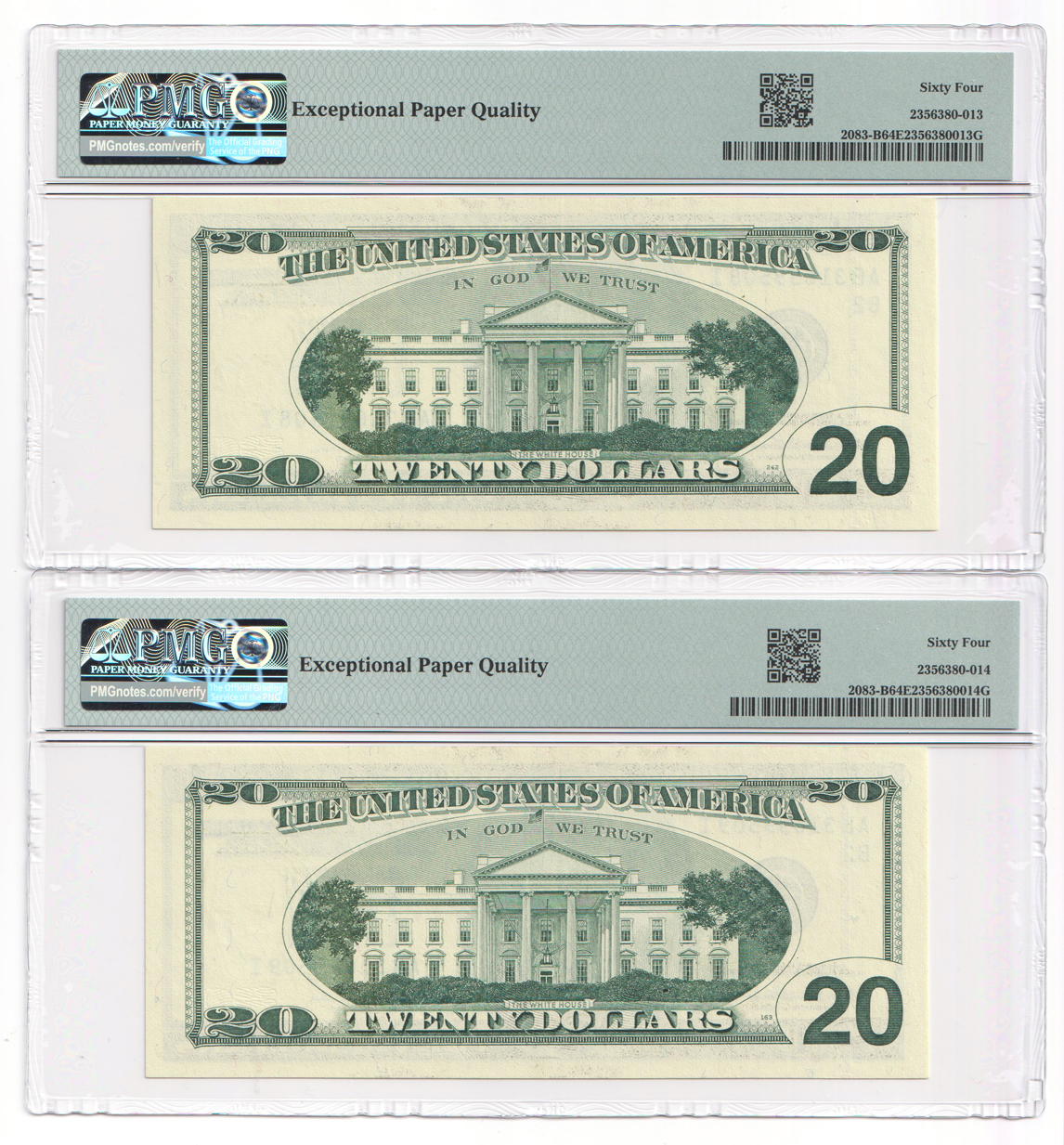 Error Currency Sequential Pair of 1996 $20 New York Fr# 2083-B Insufficient Ink - PMG ChCU-64 EPQ