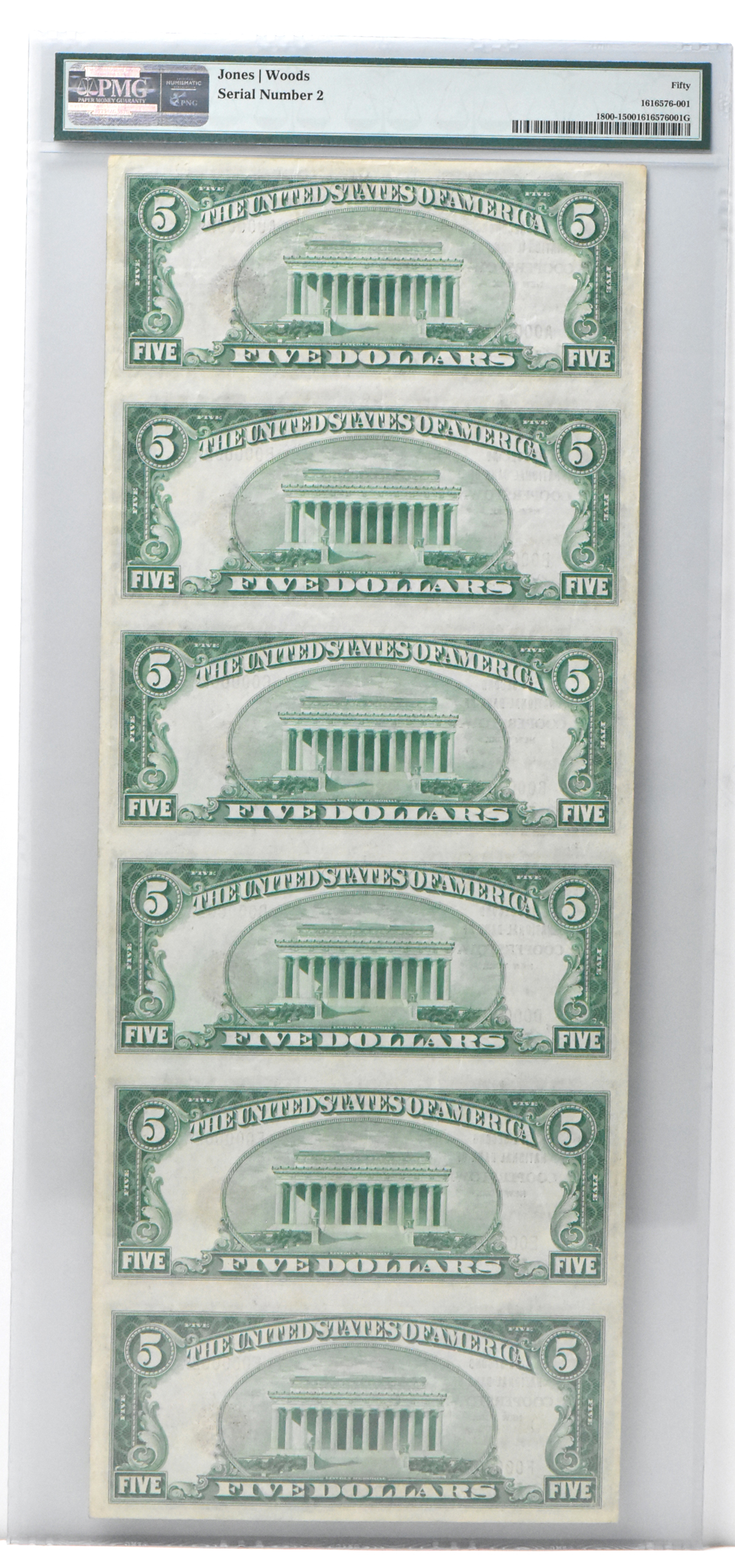 Sheet of six Serial Number 2 1929 $5 Type 1 - Cooperstown, NY Charter #223 - PMG AU-50