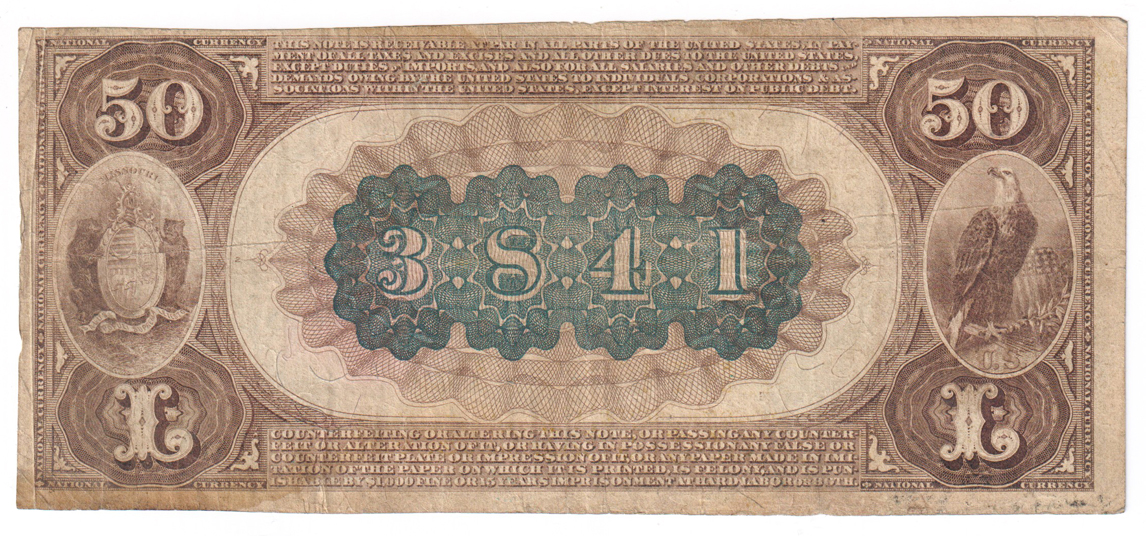 1882 $50 Brown Back - Joplin, MO Charter #3841 - VF/stain