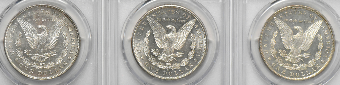 1878 7TF Reverse of 1878, 1881-S, and an 1890, all PCGS MS-63PL