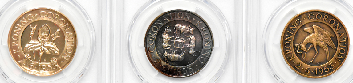 South Africa - Three 1953 Elizabeth II Coronation Medals, bronze, silver, and gold, all PCGS