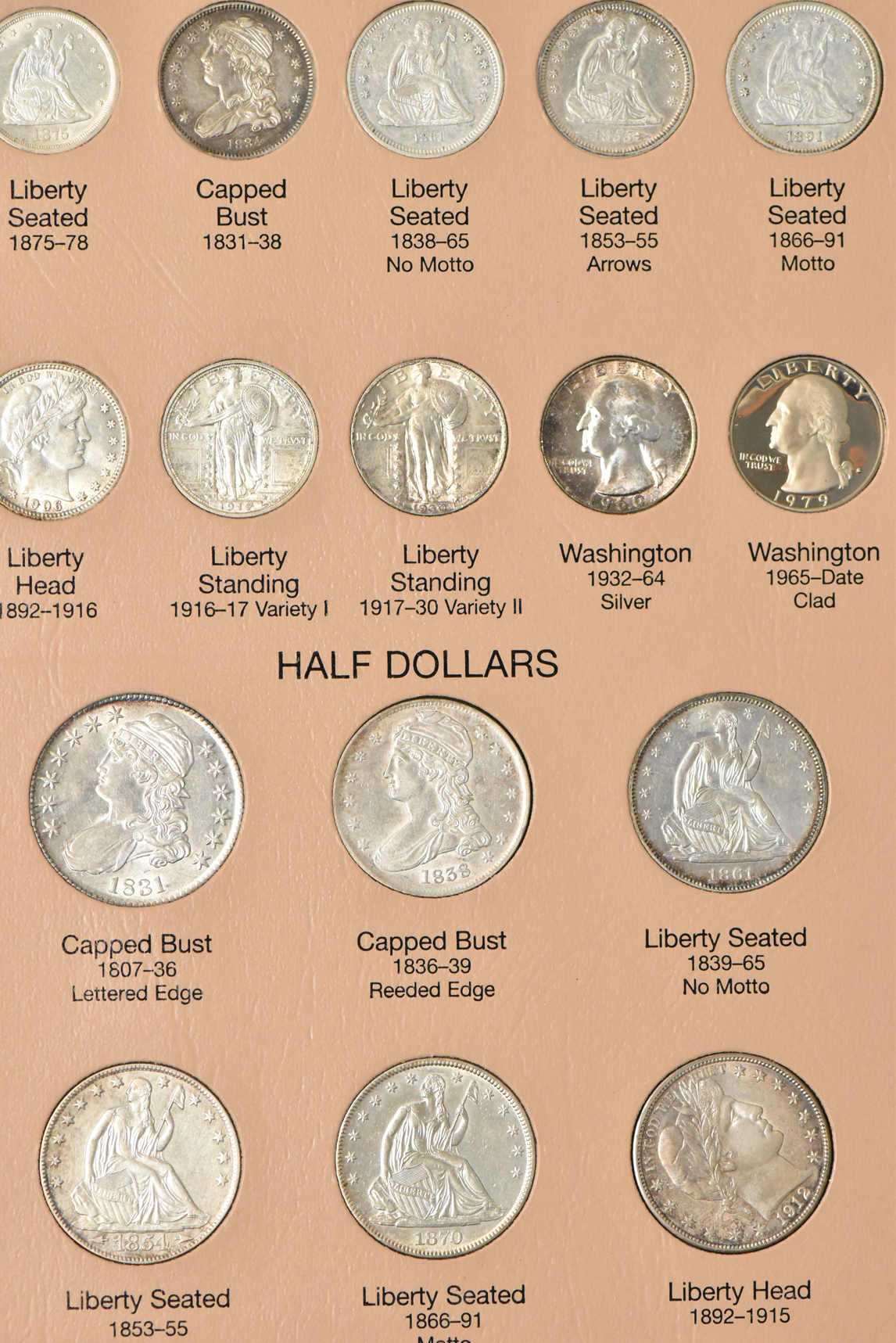 Collection of U.S. Type coins, including gold, in a complete Dansco 7070 album