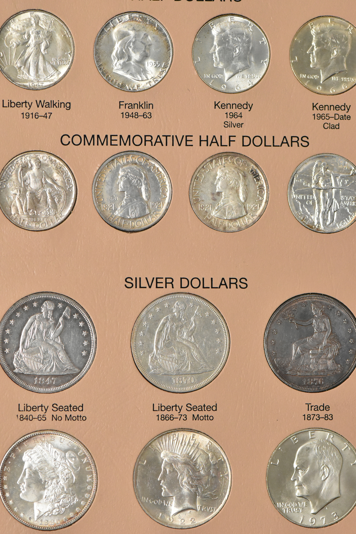Collection of U.S. Type coins, including gold, in a complete Dansco 7070 album