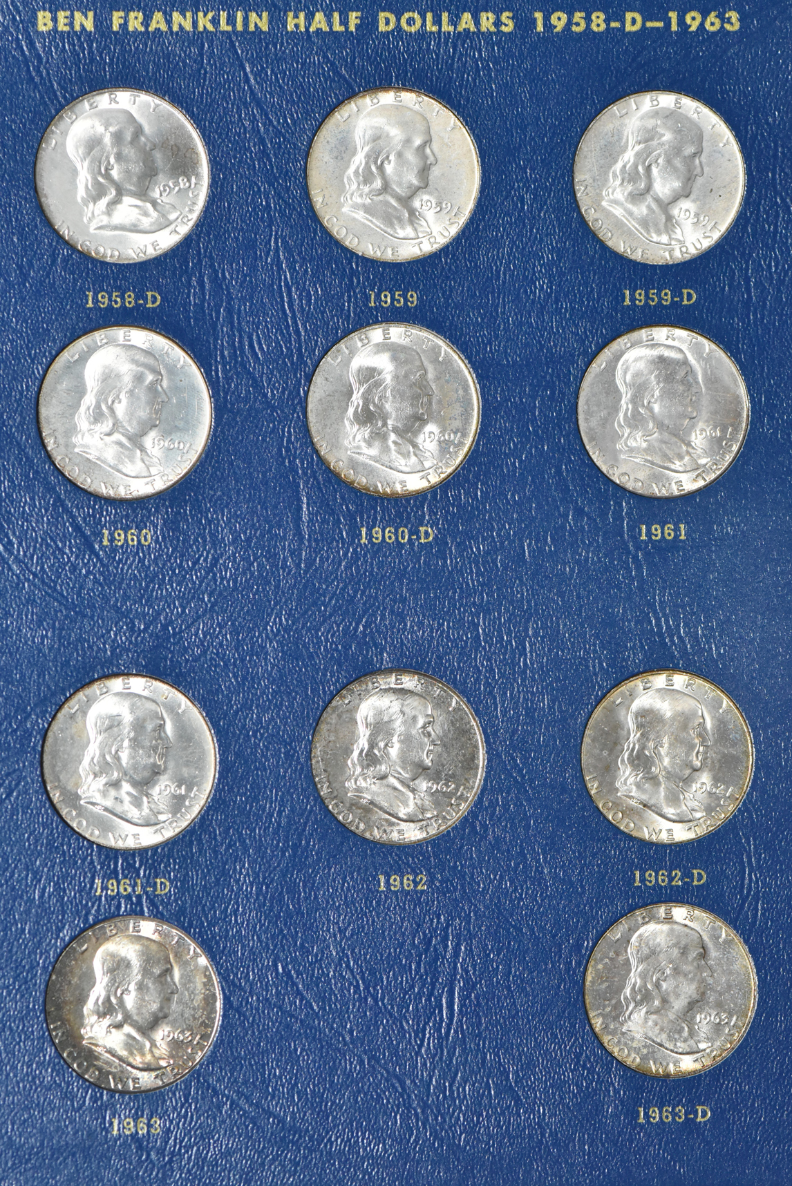 Collection of Franklin half dollars in a complete Whitman 9425 album