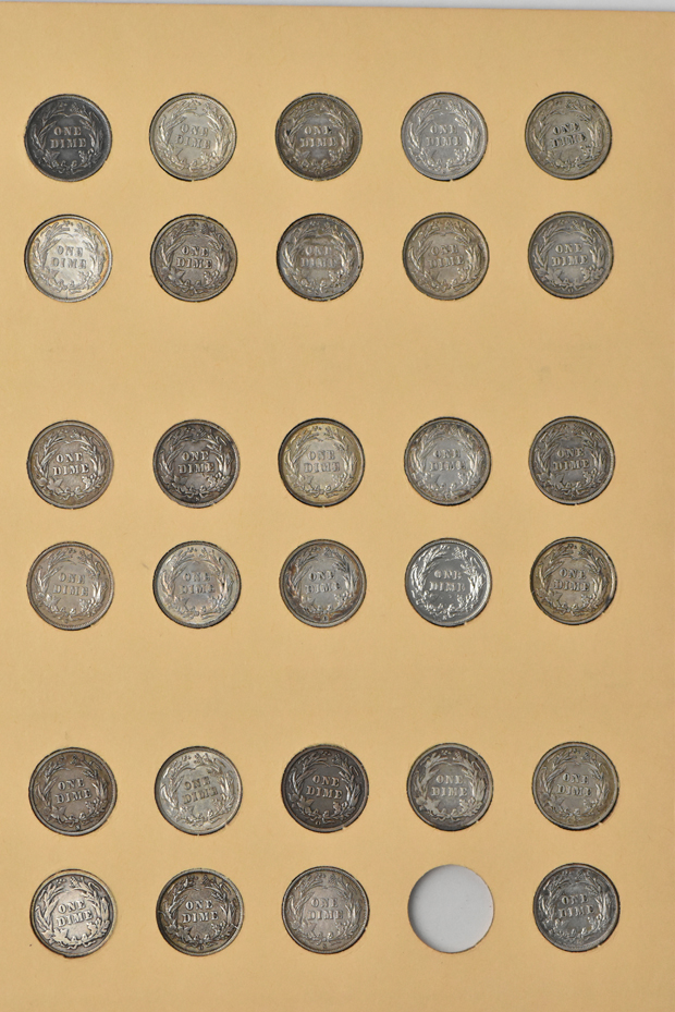 Collection of 73 different Barber dimes in a Library of Coin Volume 9 album