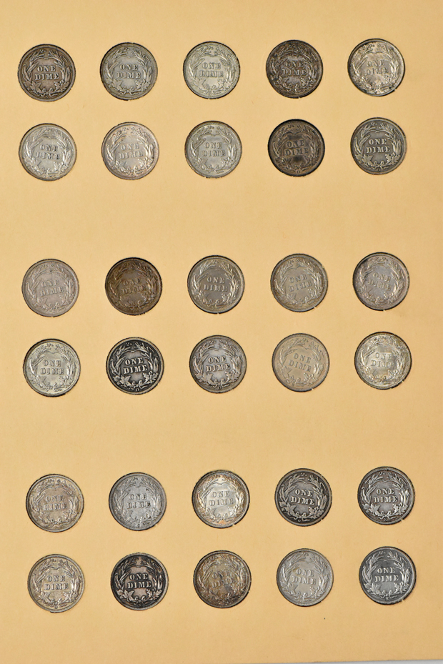 Collection of 73 different Barber dimes in a Library of Coin Volume 9 album