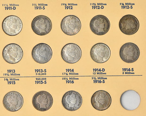 Collection of 73 different Barber dimes in a Library of Coin Volume 9 album