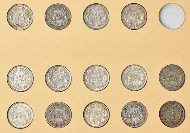 Collection of 73 different Barber dimes in a Library of Coin Volume 9 album
