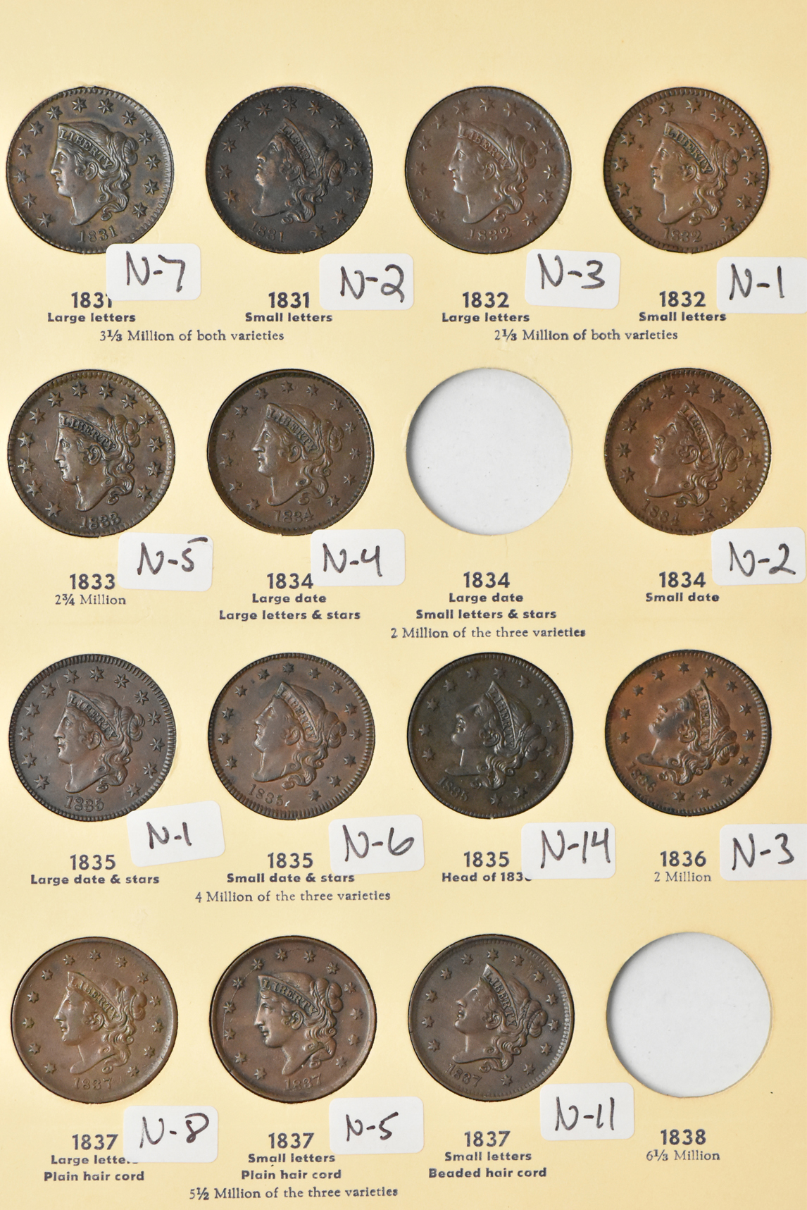 Collection of 56 different Large Cents in a Library of Coins Volume 38 album