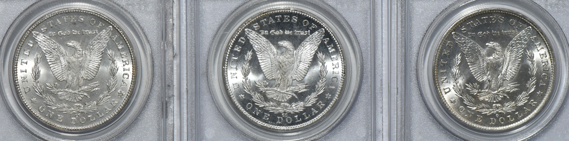 1882-O, 1884-CC, and 1885-CC PCGS MS-65 (green label)