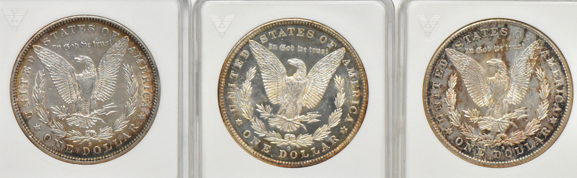 1881-O MS-63 DMPL, 1884-S AU-50, and an 1897-S MS-65 PL