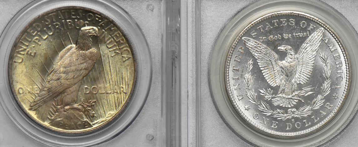 Five Gem Uncirculated silver type coins, all PCGS (green label)