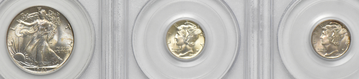 Five Gem Uncirculated silver type coins, all PCGS (green label)