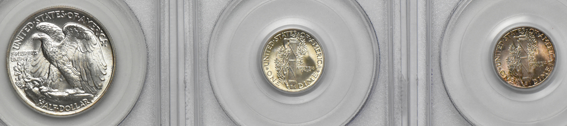 Five Gem Uncirculated silver type coins, all PCGS (green label)