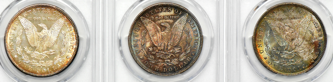 Five beautifully toned Uncirculated Morgan dollars, all PCGS