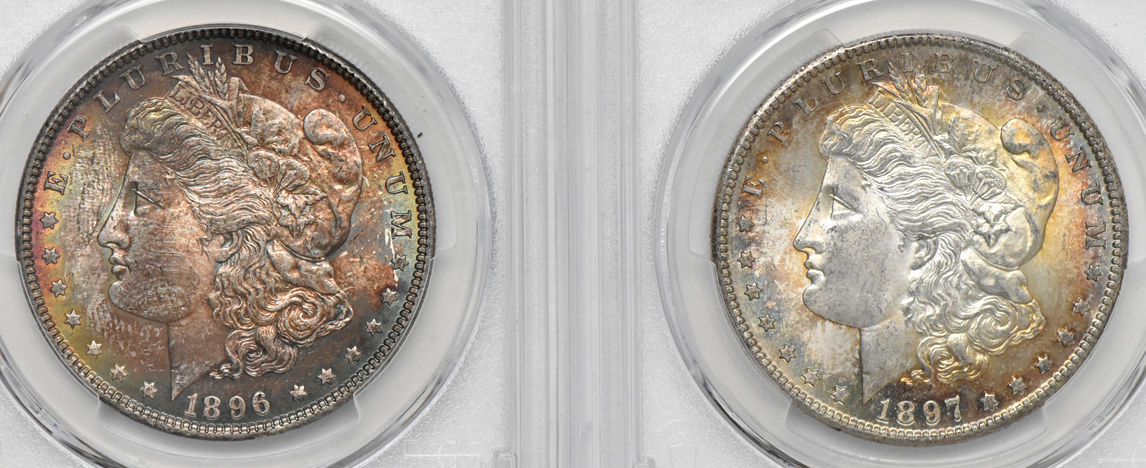 Five beautifully toned Uncirculated Morgan dollars, all PCGS
